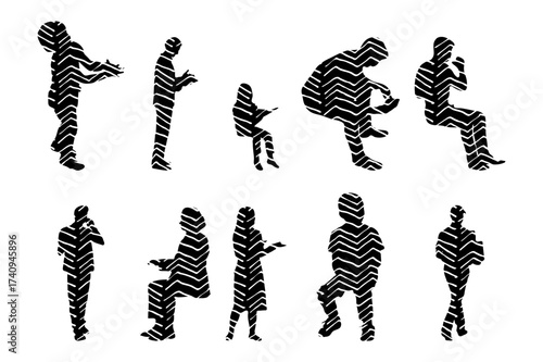 Vector illustration, Outline silhouettes of people, Contour drawing, people silhouette, Icon Set Isolated , Silhouette of sitting people, Architectural set