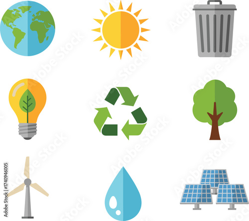 Eco icons, renewable energy, recycling, green earth, solar power, clean water, wind turbine, sustainability, tree nature, waste management, eco light bulb