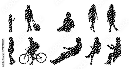 Vector illustration, Outline silhouettes of people, Contour drawing, people silhouette, Icon Set Isolated , Silhouette of sitting people, Architectural set