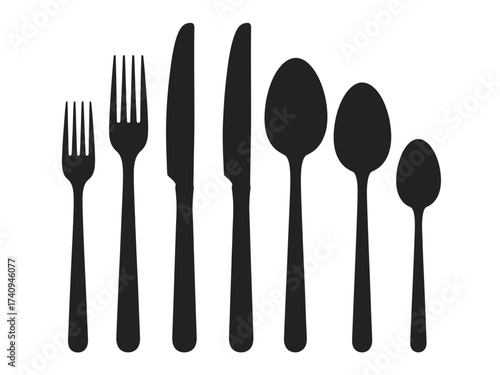 Silhouette illustration of various cutlery including forks knives and spoons for culinary and design use silhouette vector illustration white background