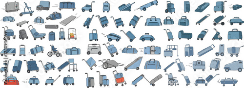 Illustration of various luggage types, including suitcases, bags, and transport carts.