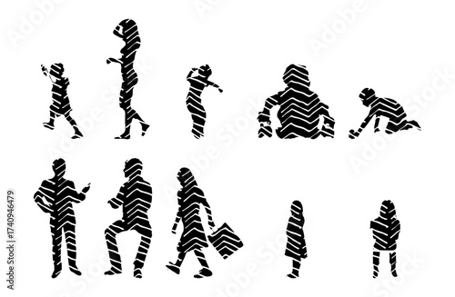 Vector illustration, Outline silhouettes of people, Contour drawing, people silhouette, Icon Set Isolated , Silhouette of sitting people, Architectural set