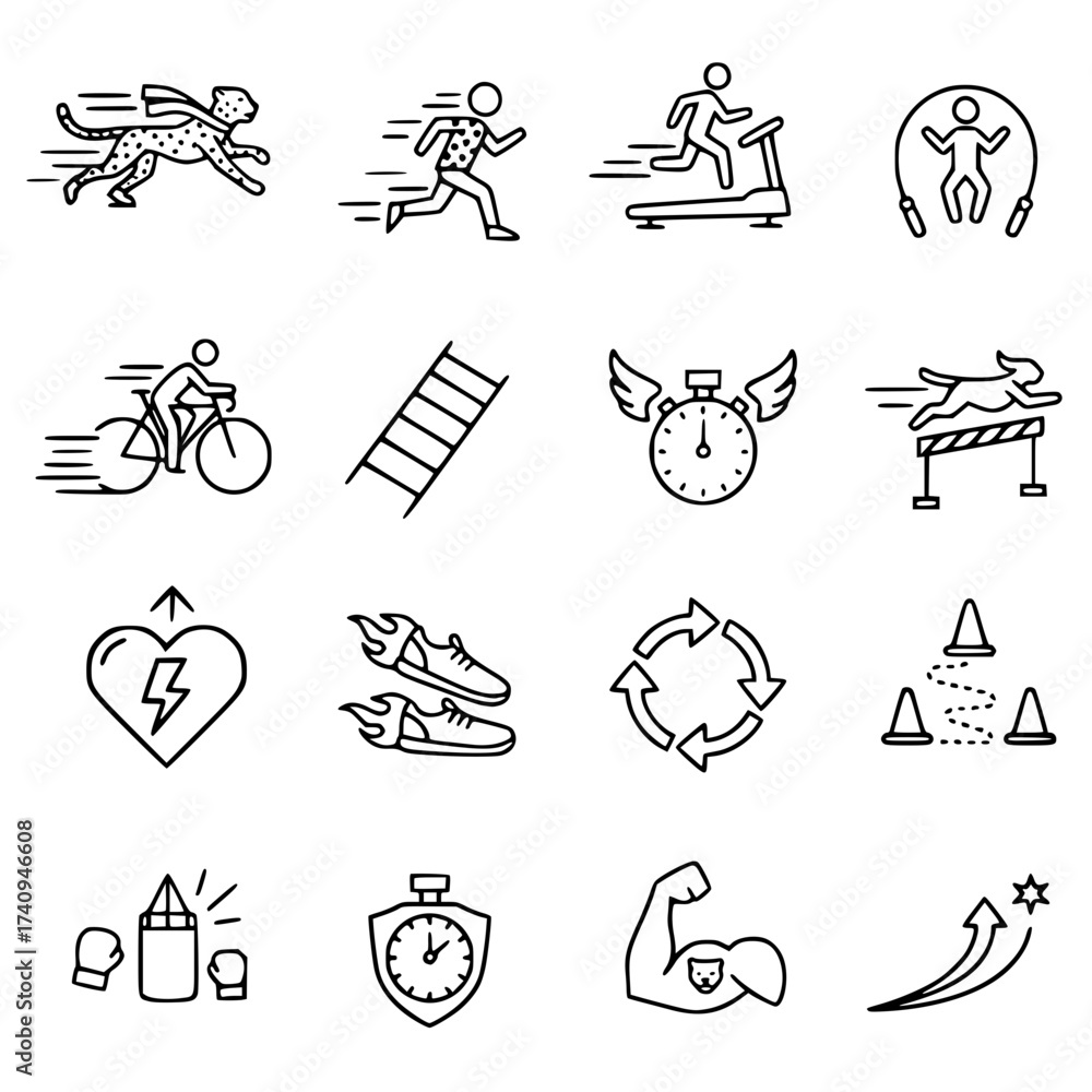 Obraz premium Collection of line art icons depicting various forms of physical activity, speed, and fitness concepts.