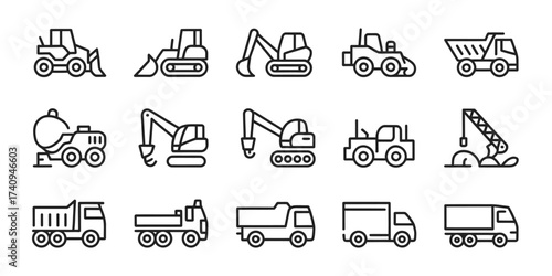 Collection of heavy construction vehicles and trucks vector illustrations icons scalable eps format silhouette vector illustration white background