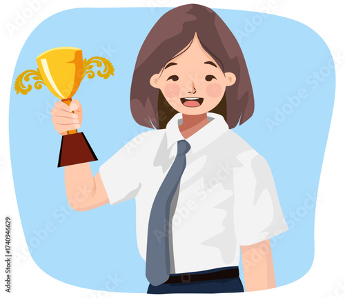Child holding a trophy, Students receiving awards are holding trophies.