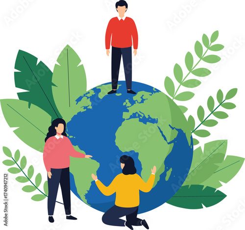 People standing on earth globe, teamwork for green environment, nature conservation, eco lifestyle, sustainability, protecting planet, save earth concept illustration design