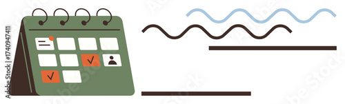 Green desk calendar showing marked dates with checkmarks, dots, and user icon. Wavy lines symbolize time movement, organization, planning, scheduling, reminders, deadlines and time management