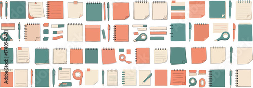 A colorful set of stationery items including notebooks, pens, and sticky notes in various styles.
