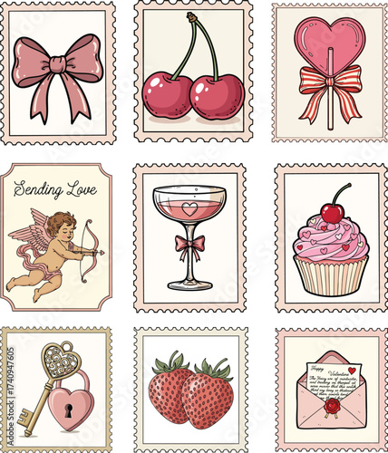 Vintage Valentine Postage Stamp Clipart Set with Love Symbols, Cupid, Heart Lock, and Romantic Elements