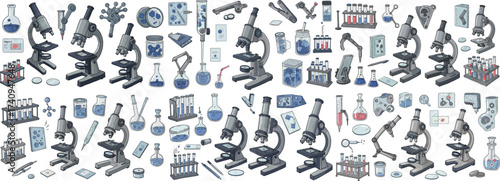A detailed illustration of various laboratory equipment and microscopes, showcasing scientific exploration.