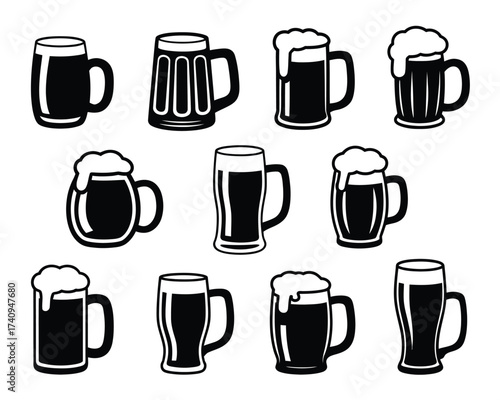 Set of 10 black silhouette beer mug illustrations scalable vector graphics for eps and general use silhouette vector illustration white background