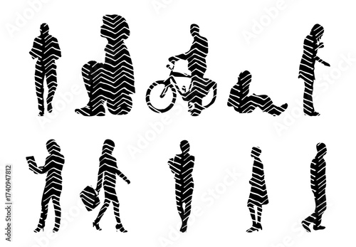 Vector illustration, Outline silhouettes of people, Contour drawing, people silhouette, Icon Set Isolated , Silhouette of sitting people, Architectural set