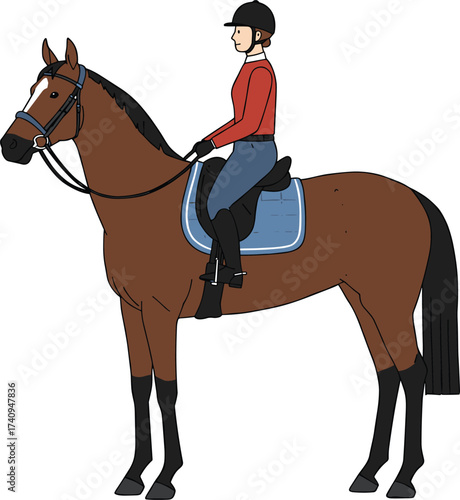 Horse riding illustration, equestrian rider with helmet, saddle and reins, horseback training, sport competition, outdoor activity, professional jockey cartoon design