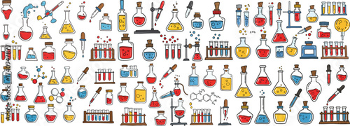 Colorful hand-drawn laboratory equipment and chemicals in various glassware, showcasing science and experimentation.