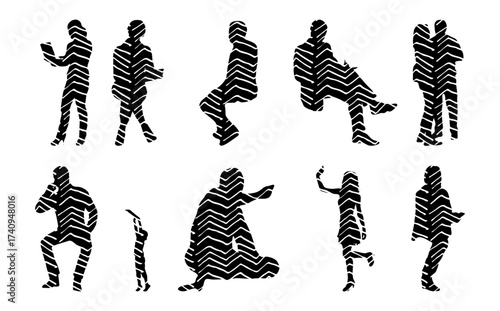 Vector illustration, Outline silhouettes of people, Contour drawing, people silhouette, Icon Set Isolated , Silhouette of sitting people, Architectural set