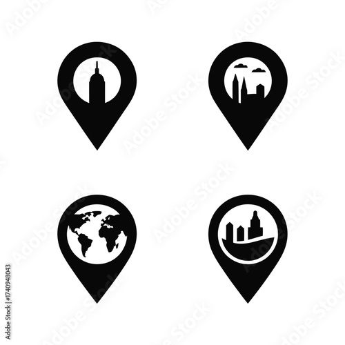 Set of four diverse location pin icons featuring cityscapes and globe vector illustrations for global navigation silhouette vector illustration white background