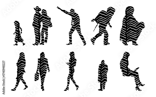 Vector illustration, Outline silhouettes of people, Contour drawing, people silhouette, Icon Set Isolated , Silhouette of sitting people, Architectural set