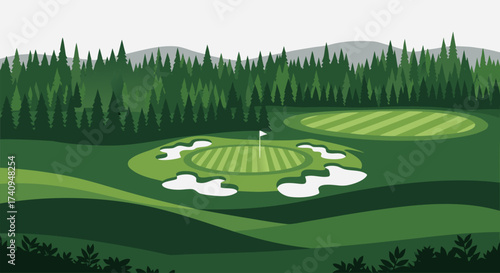 Vector illustration of a tranquil golf course. Features lush green fairways, challenging bunkers, and a dense forest. Ideal for design