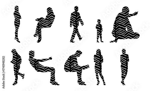 Vector illustration, Outline silhouettes of people, Contour drawing, people silhouette, Icon Set Isolated , Silhouette of sitting people, Architectural set