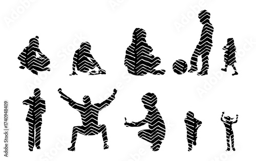 Vector illustration, Outline silhouettes of people, Contour drawing, people silhouette, Icon Set Isolated , Silhouette of sitting people, Architectural set
