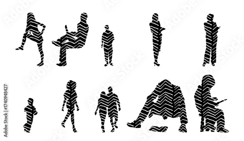 Vector illustration, Outline silhouettes of people, Contour drawing, people silhouette, Icon Set Isolated , Silhouette of sitting people, Architectural set