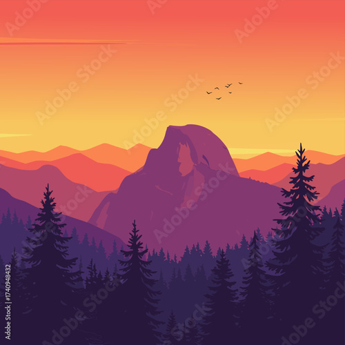 Vibrant flat design landscape with towering mountains and pine forests silhouetted against a breathtaking gradient sunset sky, evoking tranquility