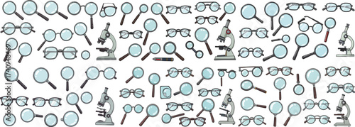 A creative collage of various magnifying glasses and glasses with a scientific theme.