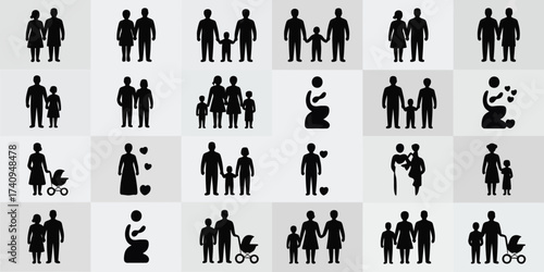 Diverse simple flat design family icons in a grid vector illustration scalable eps iconic representation silhouette vector illustration white background