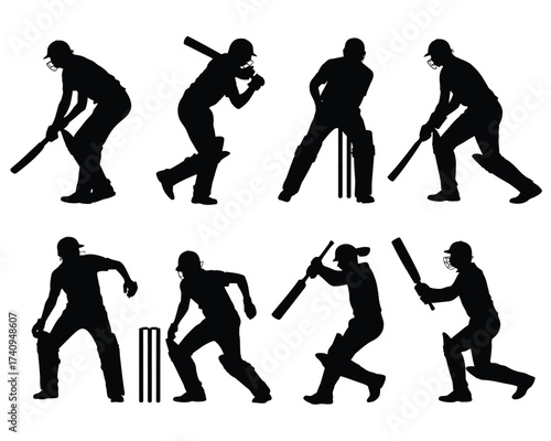 Set of eight black cricket player silhouettes vector illustration scalable eps icon for sports graphics silhouette vector illustration white background