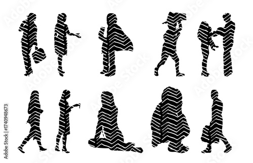 Vector illustration, Outline silhouettes of people, Contour drawing, people silhouette, Icon Set Isolated , Silhouette of sitting people, Architectural set