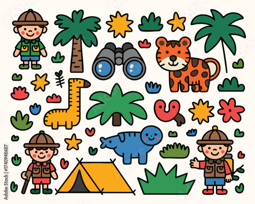 Jungle explorer cartoon doodle vector with cute animals and camping scenes