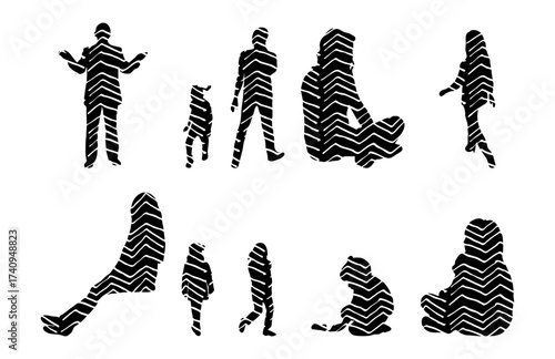 Vector illustration, Outline silhouettes of people, Contour drawing, people silhouette, Icon Set Isolated , Silhouette of sitting people, Architectural set