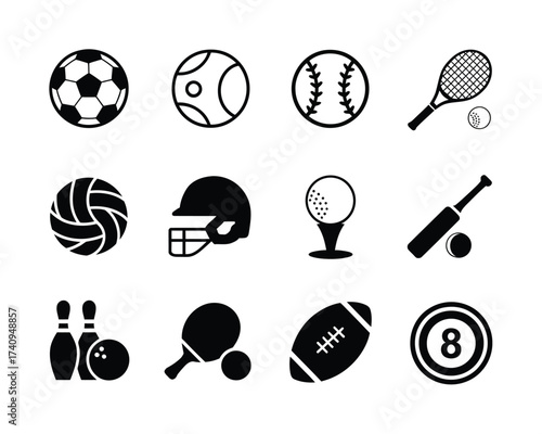 Set of 12 black and white sports icons vector scalable illustration eps graphic elements silhouette vector illustration white background