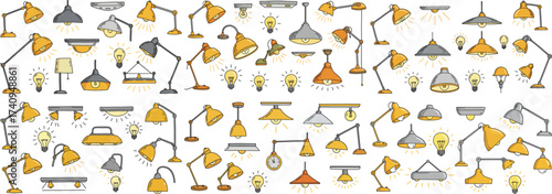 A vibrant array of various light fixtures and lamps in a creative layout.