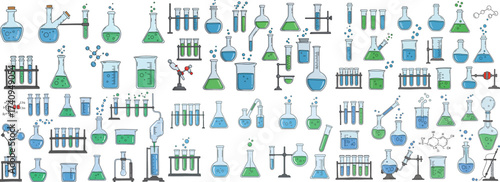 Colorful illustrations of laboratory glassware and chemical reactions in various shapes and sizes.