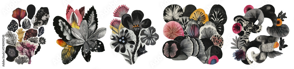 Naklejka premium PNG Colorful abstract floral collage, element set on transparent background