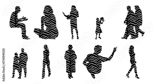 Vector illustration, Outline silhouettes of people, Contour drawing, people silhouette, Icon Set Isolated , Silhouette of sitting people, Architectural set