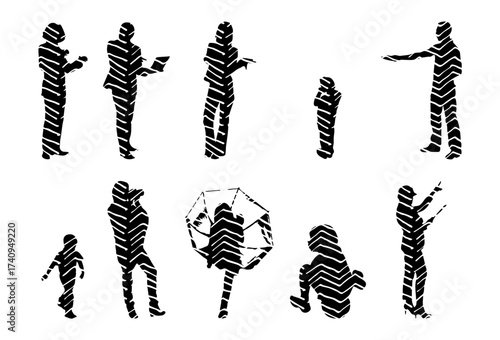 Vector illustration, Outline silhouettes of people, Contour drawing, people silhouette, Icon Set Isolated , Silhouette of sitting people, Architectural set