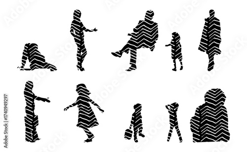 Vector illustration, Outline silhouettes of people, Contour drawing, people silhouette, Icon Set Isolated , Silhouette of sitting people, Architectural set