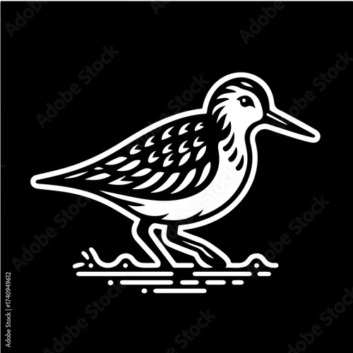 Illustration of a stylized sandpiper bird standing on the ground with a black background design style