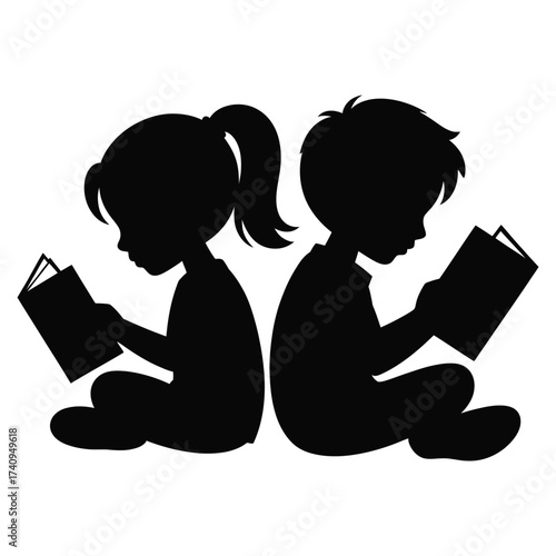 silhouette of children reading book