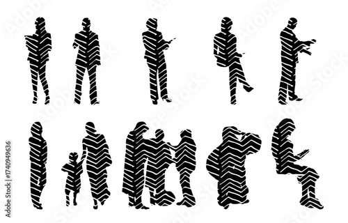 Vector illustration, Outline silhouettes of people, Contour drawing, people silhouette, Icon Set Isolated , Silhouette of sitting people, Architectural set