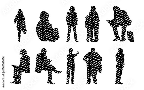Vector illustration, Outline silhouettes of people, Contour drawing, people silhouette, Icon Set Isolated , Silhouette of sitting people, Architectural set