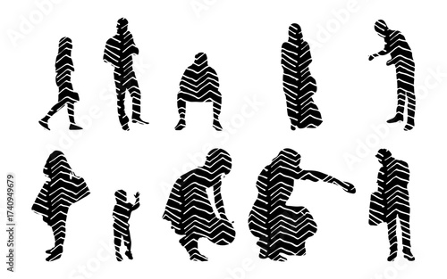 Vector illustration, Outline silhouettes of people, Contour drawing, people silhouette, Icon Set Isolated , Silhouette of sitting people, Architectural set