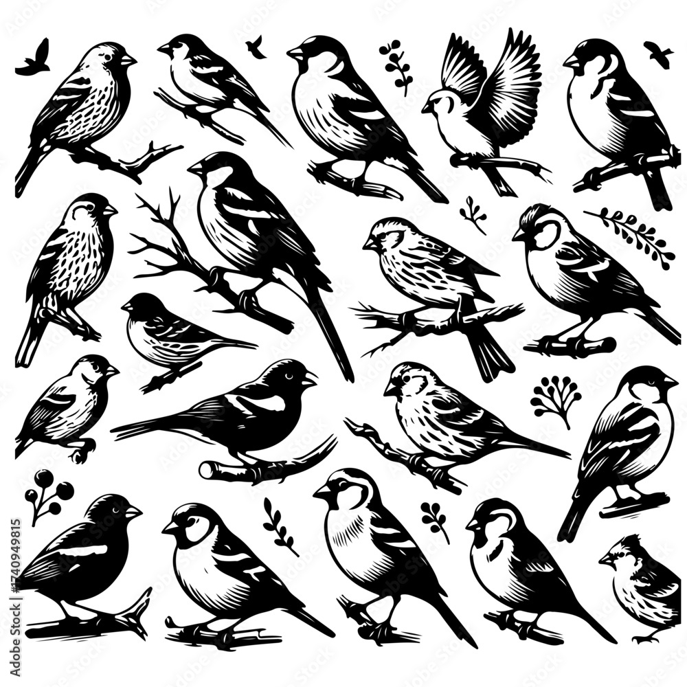 Obraz premium Collection of detailed black and white bird illustrations in various poses and perched on branches design