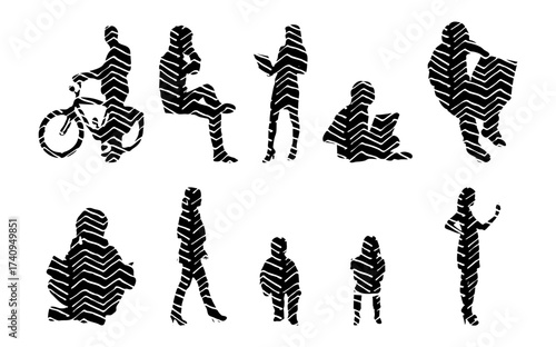 Vector illustration, Outline silhouettes of people, Contour drawing, people silhouette, Icon Set Isolated , Silhouette of sitting people, Architectural set