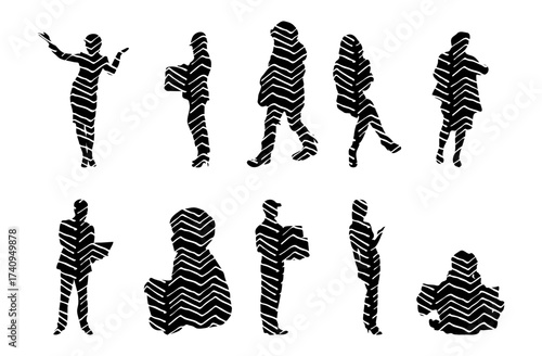 Vector illustration, Outline silhouettes of people, Contour drawing, people silhouette, Icon Set Isolated , Silhouette of sitting people, Architectural set