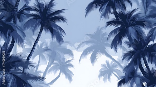 Monochromatic blue palm trees silhouette background for tropical summer vibe