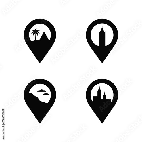 Collection of four vector location pin icons featuring diverse silhouettes of landmarks and scenery scalable eps illustration silhouette vector illustration white background
