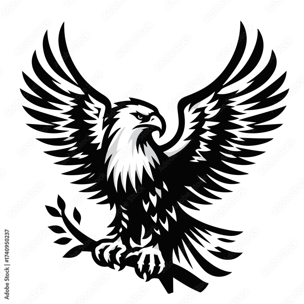 Obraz premium Eagle with spread wings perched on a branch in black and white detailed vector illustration art